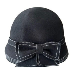Collection Eighteen Wool Cloche Hat Black Bow Trim Retro White Embroidered Women